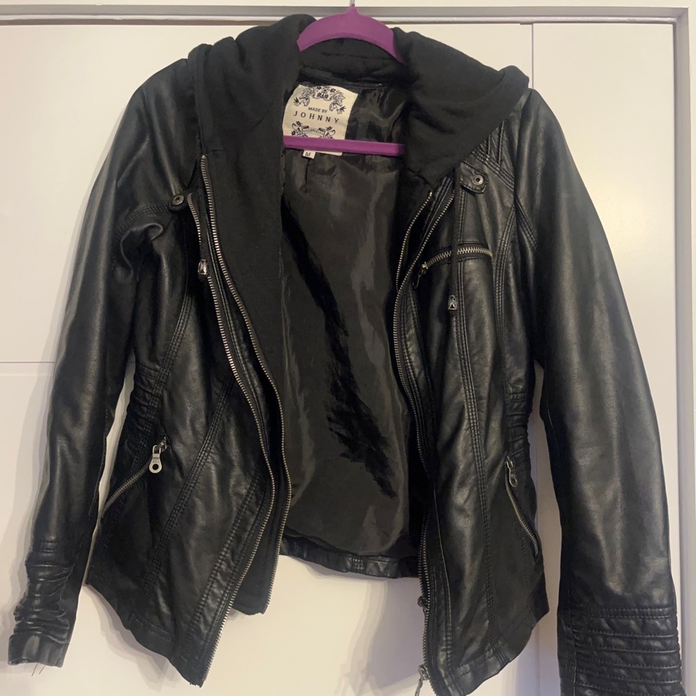 Made By Johnny size M faux leather black biker hooded jacket - Picture 5 of 13